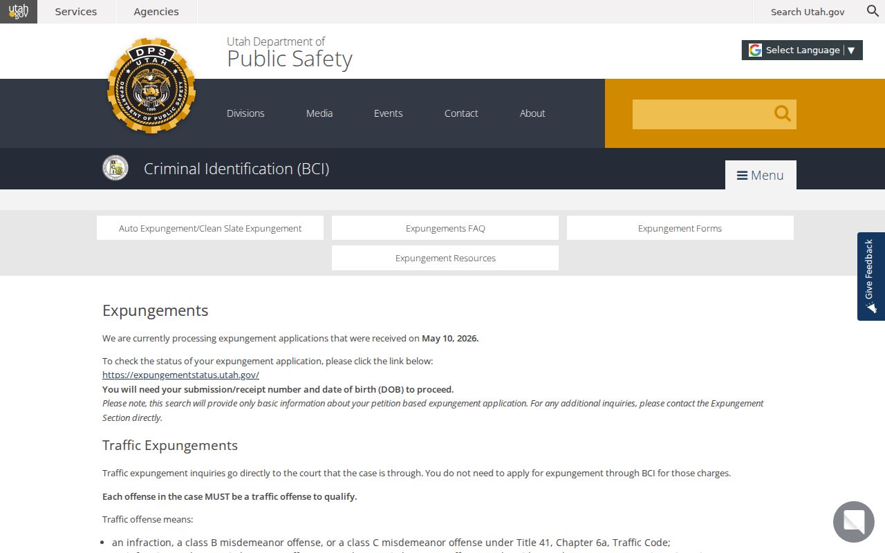 Sevier County criminal record expungement resources at Utah BCI