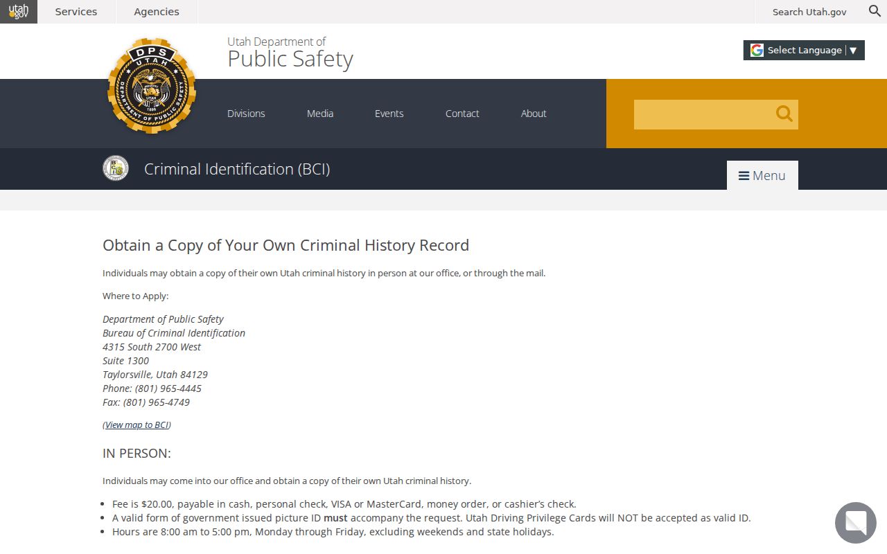 Sevier County criminal history BCI own-record instructions