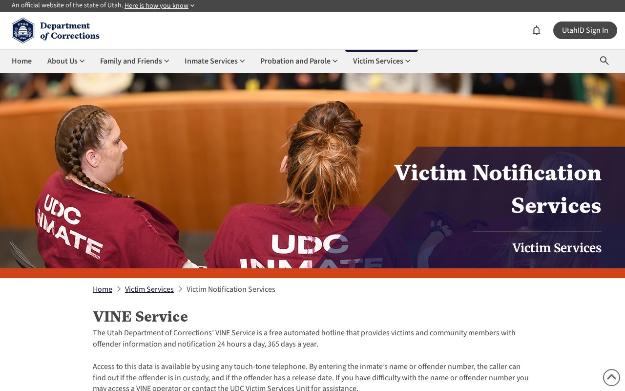 Official Utah VINE custody notification information page